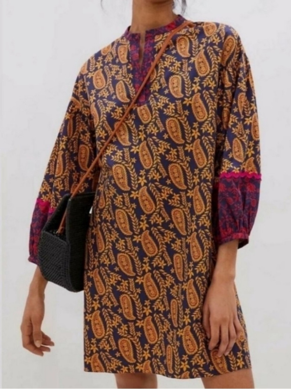 Anthropologie Sachin + Babi Navy & Mustard Paisley Mini Dress Magenta Trim sz L